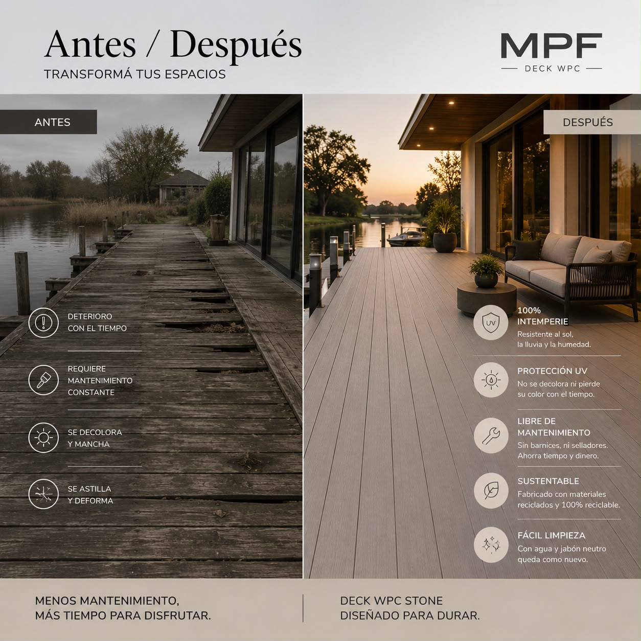 Comparativa antes y después de una terraza renovada con deck WPC